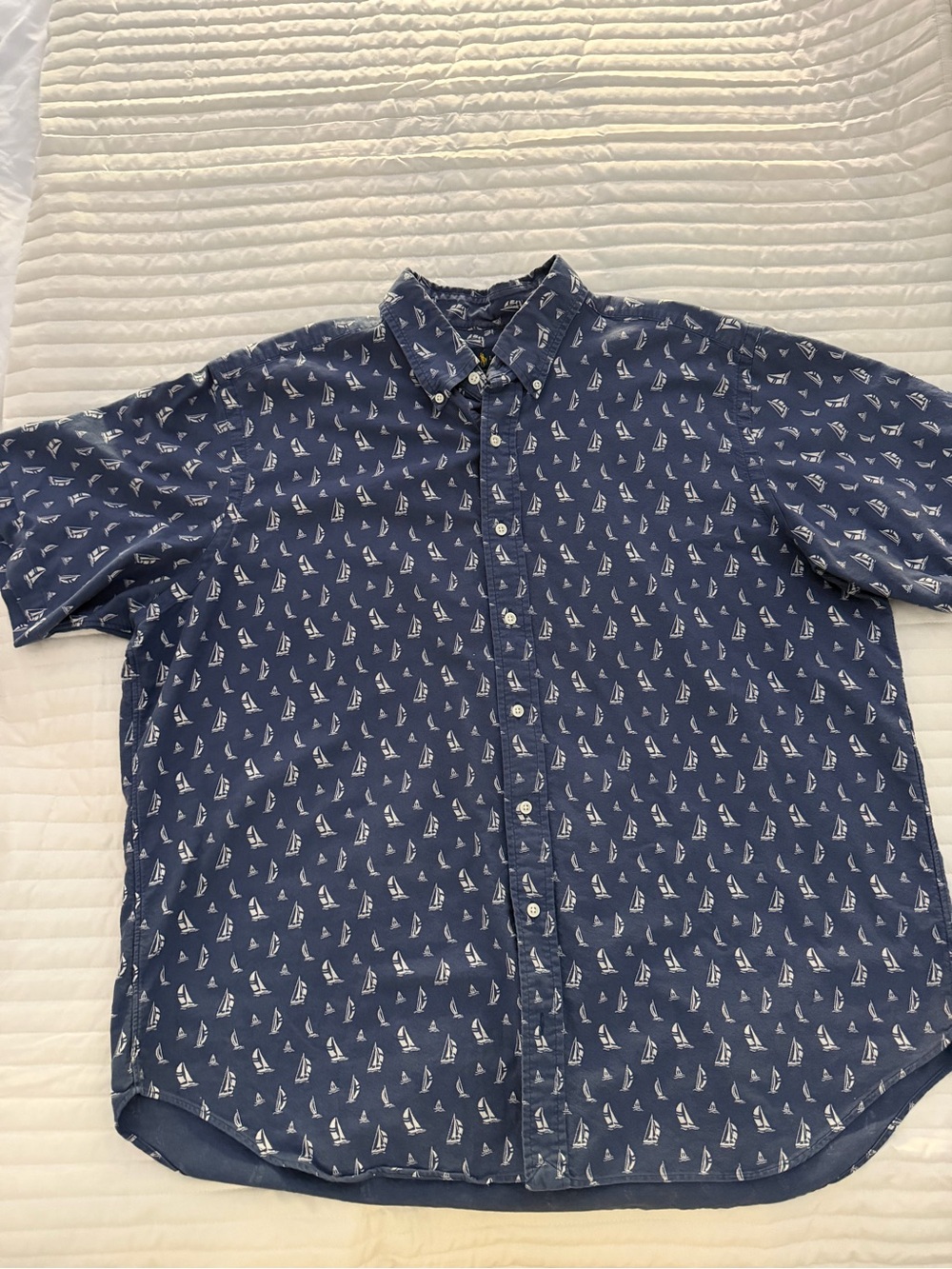 Ralph Lauren Navy Short-Sleeve Button-Down Shirt with White Sailboat Print
